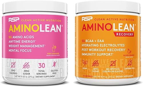 RSP NUTRITION AminoLean Energía preentrenamiento (limonada rosa 30 porciones) con refuerzo de recuperación después del entrenamiento (AminoLean