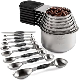 ANNJUC Juego de 16 tazas y cucharas medidoras magnéticas de acero inoxidable, 7 vasos resistentes, 8 de doble cara con nivel de burbuja, color negro