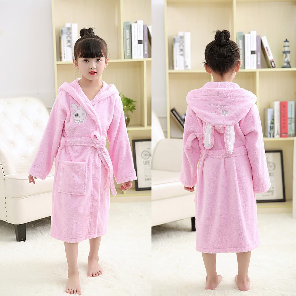 Kids Bathrobe Soft Hooded，Boys Girls Rabbit Ears Cotton Towel Robe, Toddler Lovely Comfortable Loungewear 4-12 Years