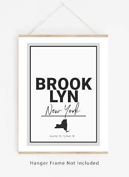 Brooklyn NY Abbreviation Wall Art Print -8x10- Big Apple NY State Map Silhouette & Coordinates Decor Print. Neutral Shades of Black, White and Gray.