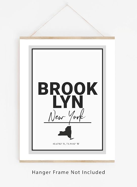 Brooklyn NY Abbreviation Wall Art Print -8x10- Big Apple NY State Map Silhouette & Coordinates Decor Print. Neutral Shades of Black, White and Gray.