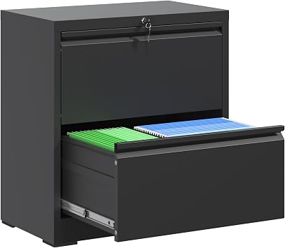 2 Drawer Lateral File Cabinet for Home Office, Metal Filing Cabinet with Lock, File Storage Drawers for Letter/Legal Size Hanging File Folders, Assembly Required, Black