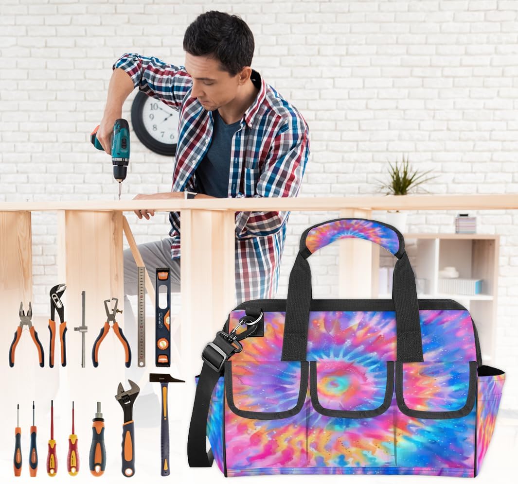 Pinks And Purple Tie Dye Marble Tool Bag for Men and Women, 14.8inch Heavy Duty Tools Tote Organizer Bags, Waterproof Tool box Storage Bag with Adjustable Shoulder Strap