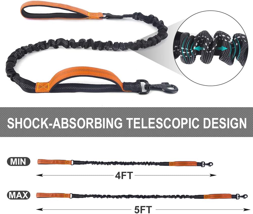 Short Dog Leash with Padded Handle, Bungee Dog Leash Shock Absorbing, Nylon Reflective Pet Leashes for Walking, Dog Lead for Medium & Large Dogs