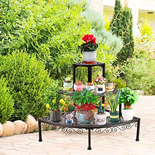 GYMAX 3-Tier Metal Plant Stand, Quarter Round Plant Corner Shelf, Flower Pot Rack for Outdoor and Indoor, Black