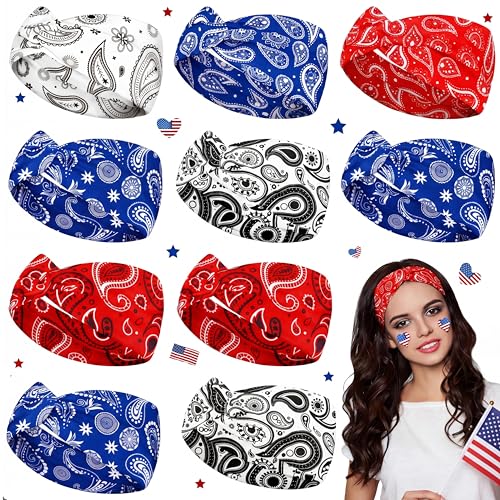 Jutom 10 Pcs Bandana Headband for Women White Red Blue Paisley Cross Yoga Headbands Wide Twist Knotted Hair Head Wrap Boho Non Slip Sweat Stretchy Turban Hair Accessories for Patriotic 4th of July Day