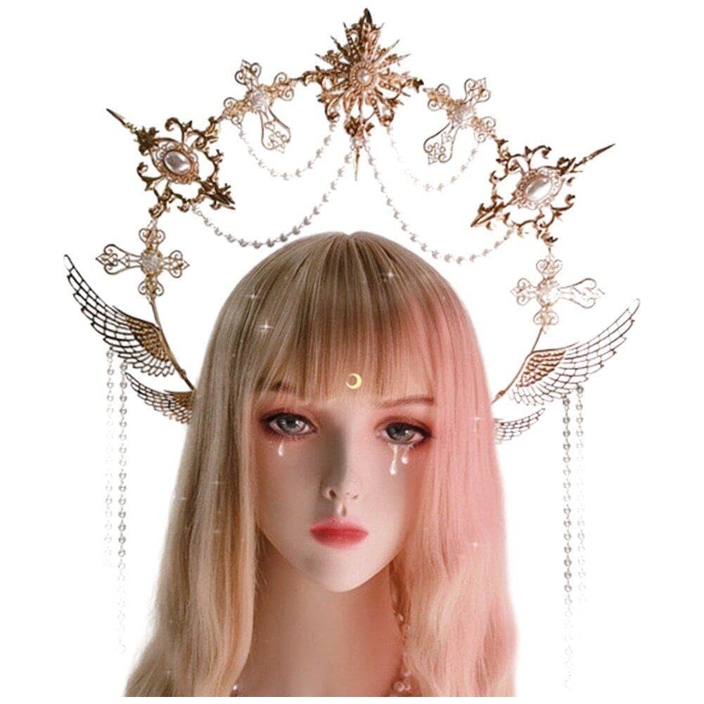 Lpitoy Halo Crown Mary Goddess Headband Lolita Crown Headpiece Elegent Costume Hair Hoop Women Fancy Dress Headpiece