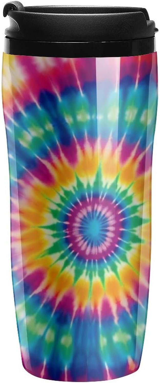 Double Wall Vacuum Coffee Cup - Tie Dye Pattern Reusable Plastic Travel Mug with Lid, 350ml Insulated Tumbler for Hot & Cold Drinks, Portable Coffee Mug for Car Office Use