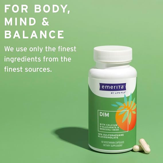 Emerita by Life-flo DIM Supplement, Balancing Support for Women with 100mg DIM Plus Calcium D-Glucarate and Broccoli Seed Extract, Not Tested on Animals, 30 Servings, 60 VegCaps