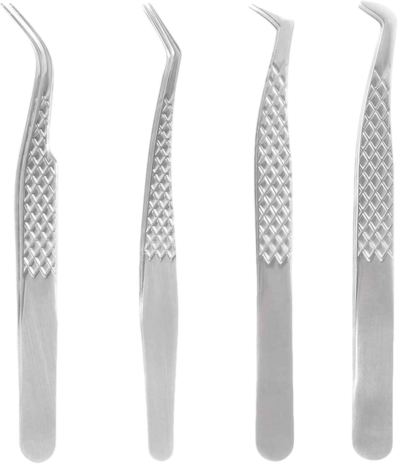 4 Pcs Lash Tweezers Set, Precise Eyelash Extension Applicator Tool, Stainless Steel Lash Tweezer with Grip, Slanted Curved Angled Tips for Volume Classic Isolation