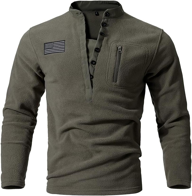 TOMITANY Men’s Fleece Sweatshirts Long Sleeve Button Up Tactical Shirts American Flag Printed Henley Shirts Patriotic Shirt