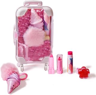 MAKE YOU UP 8Pcs Lip Glosses Care Set with Suitcase, Glitter Popsicle Shape Fruity Flavors Lip Glosses Lipsticks in Realistic Suitcase Toy for Kids Makeup Ages 5+, Non Toxic & Kids Friendly
