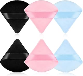 Molain 6 Pieces Triangle Powder Puff Makeup Puff Velvet Face Body Powder Puff Cosmetic Foundation Blender Sponge for Loose Powder Body Powder Makeup Tool (Black/Pink/Blue)