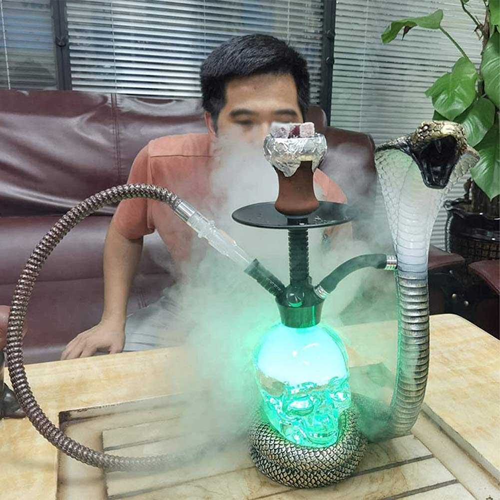 Juego completo de cachimba LED Shisha Kit completo de cuenco de arcilla de un solo tubo Kit en forma de cobra Gran humo Vidrio en forma de calavera con cuenco y tarro de silicona para narguile