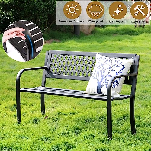 BestShop Patio Bench, Outdoor Metal Garden Bench with Armrest, Black | Garden Benches for Outdoors, Outside Bench with