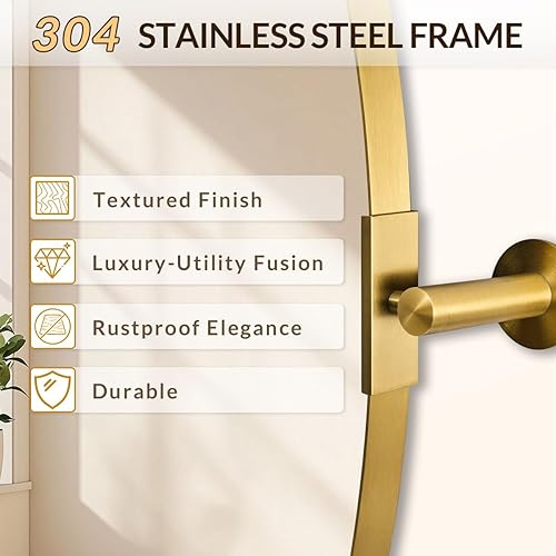 Miniatura 3 de ANDY STAR Espejo de pared ovalado de oro cepillado, 22 x 34 pulgadas, moderno espejo enmarcado para baño, acero inoxidable, función de inclinación,