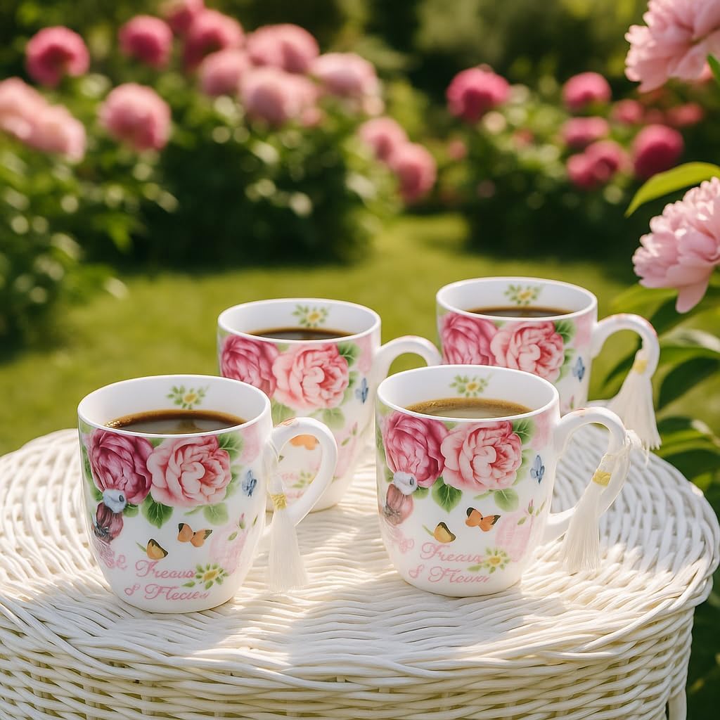 London Boutique Tea Coffee Cup Mug Set 4 Porcelain Bird Rose Butterfly Shabby Chic design in Gift Box 330ML 11oz