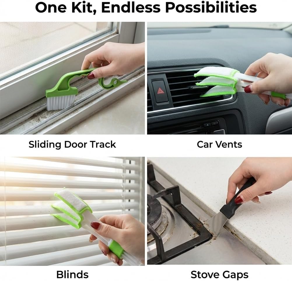 Window Track Cleaner Tool Set, 13 Pcs Groove Gap cleaning brush, Multi-Purpose window sill cleaner tool for Sliding Door, Tile Lines, Shutter, Car Vents and Air Conditioner
