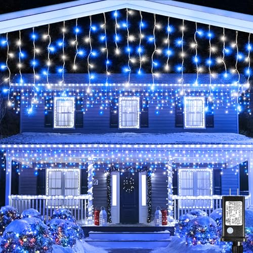 66FT 640 LED Icicle Lights for Outside, Icicle Christmas Lights Outdoor with 8 Modes Timers, Waterproof Plug in Twinkle String Light for Yard Eave Patio Party Holiday Decorations, Blue White