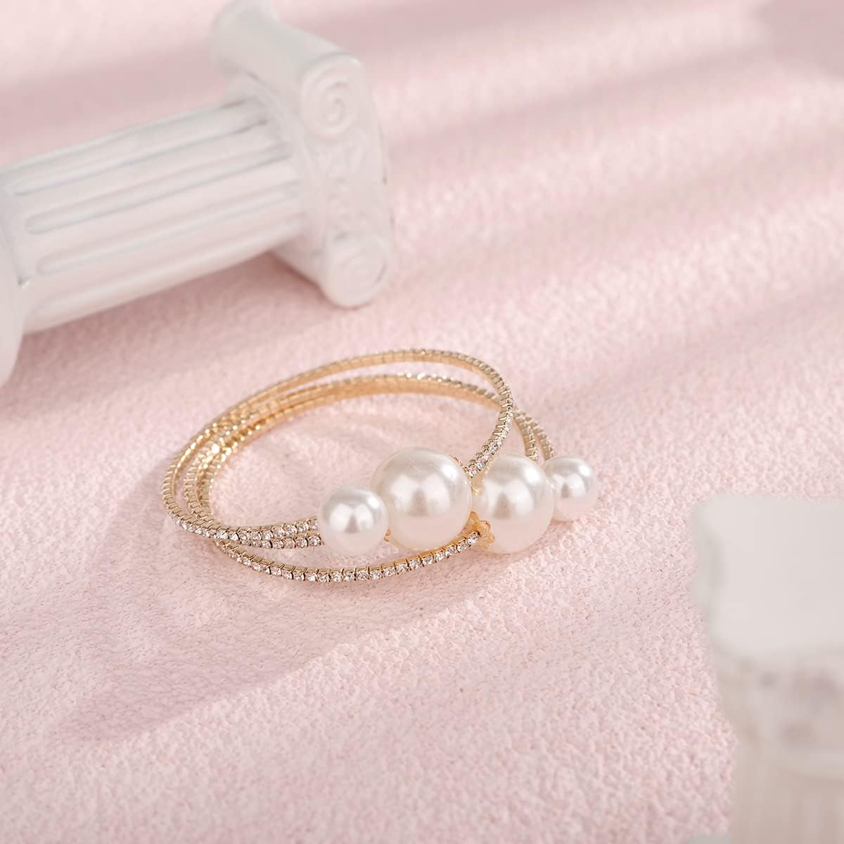 Xerling Big Pearl Bracelets Multi Layered Gold Rhinestones Hand Bracelets for Women Dainty Crystal Hand Jewelry for Wedding Bridal Statement Hand Chain Bracelets (Type B-Gold) - Image 5