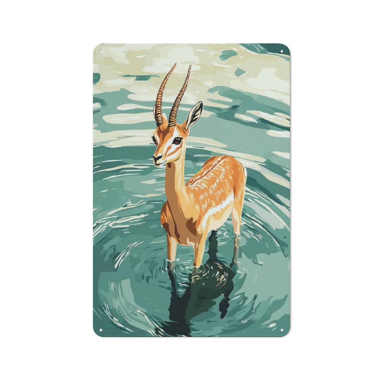 Junmoney Style-21 Gazelle In Water Illustration Metal Wall Plaque 30X20cm, Character Room Wall Plaque For Hallway, Home Bar, Garage Or Study