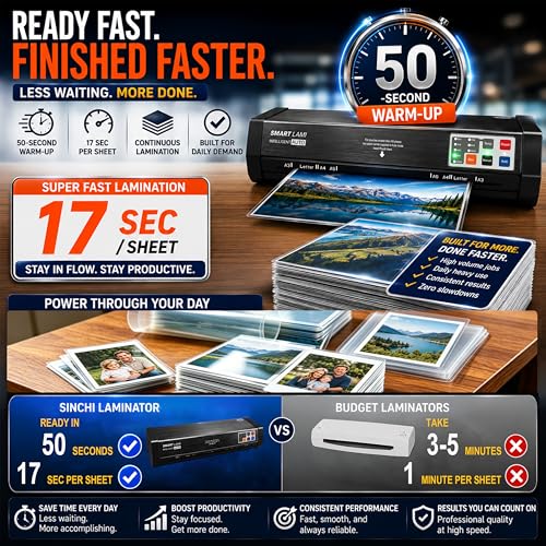 SINCHI Auto Sense 13" Heavy-Duty Laminator for Business & School, 3–10 Mil, 50s Warm-Up, 17s/Sheet, Works with Cardstock & Dark Prints, Never-Jam, Laminates 11x17, Includes 10 Sheets by SINCHI - Image 4
