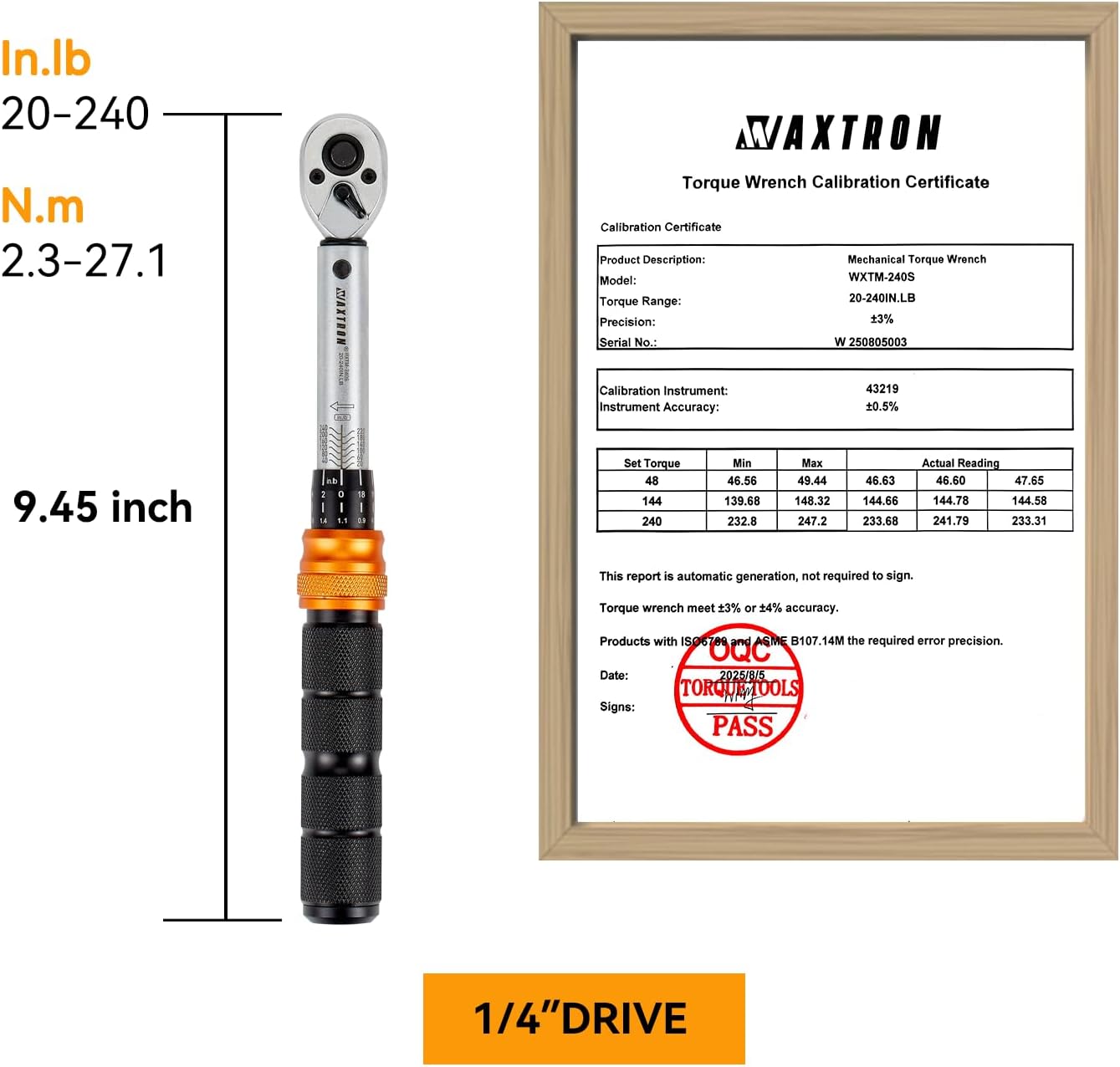 1/4-Inch Drive Click Torque Wrench Ratchet, 20-240 in-lb (2.3-27 Nm), Dual-Direction Micrometer, ±3% Certified Accuracy, Portable Hard Case
