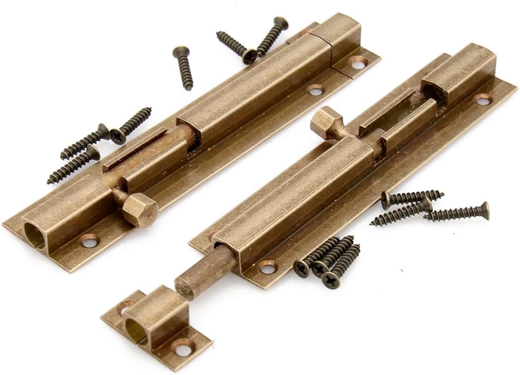 2 PCs Antique Brass Barrel Bolt Latch – Pure Brass Slide Latch for Door Window Lock, Length 4.4" and Width 0.9"