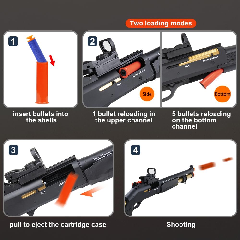 XM1014 Soft Bullet Toy Gun with Ejecting Shells, Metal Toy Shotgun for Boys, Education Toy Foam Blaster Gun for Indoor and Outdoor Play, Shell Ejecting Toy Gun for Kids Halloween Christmas (Black)