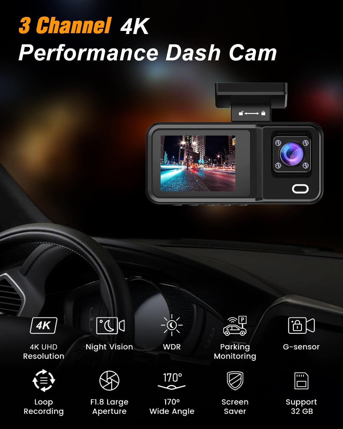 Diagram showing ZKCAMSPY D70-4K dash cam with icons for 4K UHD, Night Vision, WDR, Parking Monitoring, G-Sensor, Loop Recording, F1.8 Large Aperture, 170 Wide Angle, Screen Saver, Support 32GB