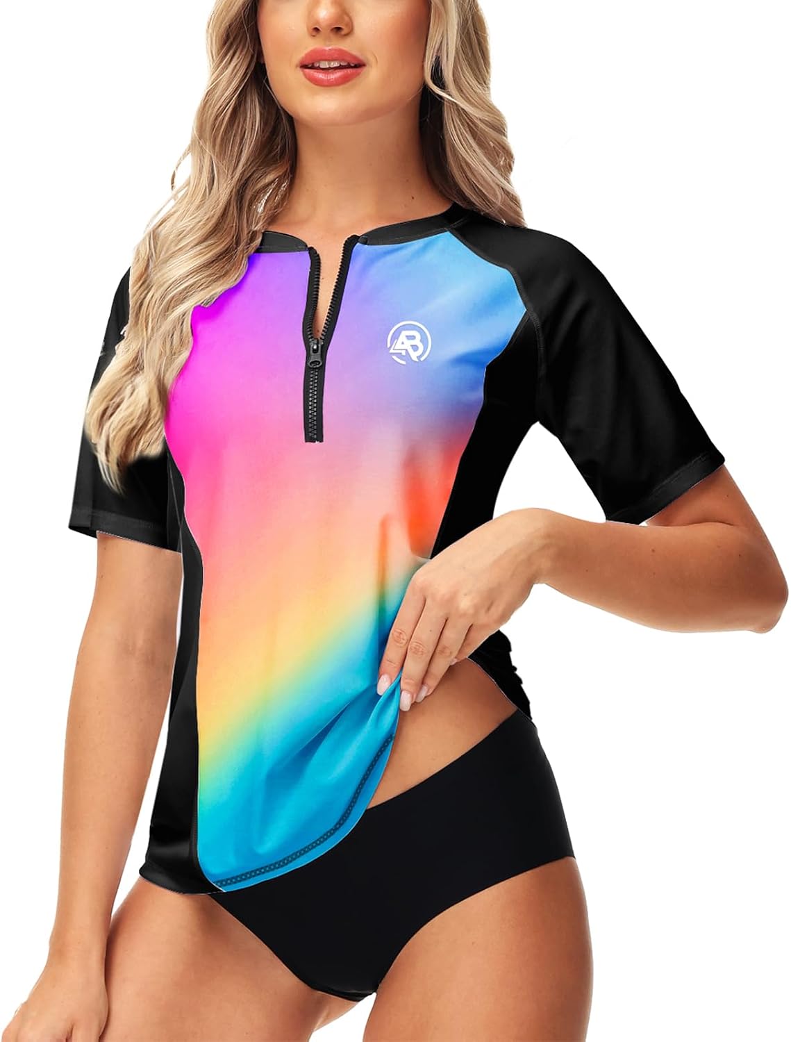 AOBUTE Short Sleeve Rash Guard Women Zip Front UPF 50 Swim Shirt Gradient Quick Dry Rashguard XL