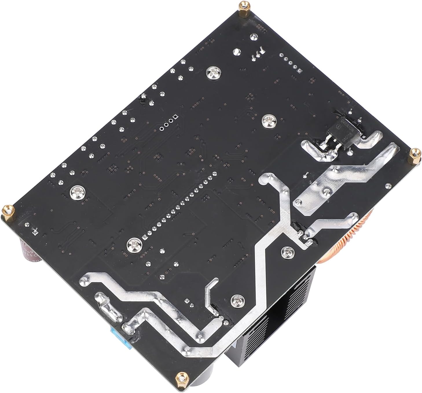 Azpialdea view of the DROK DC Buck Converter CNC, showing solder points and circuit board traces.