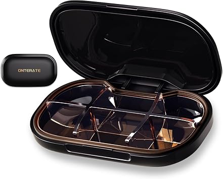 ONTERATE Small Pill Box, 6 Compartments Small Pill Case for Purse Pocket, Removable Divider Travel Pill Organizer, Moisture Proof Portable Mini Pill Container Medicine Organizer for Vitamins Black