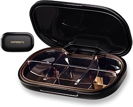 ONTERATE Small Pill Box, 6 Compartments Small Pill Box for Bag, Travel Organizer with Removable Dividers, Mini Portable Anti UV Pill Box for Pills and Vitamins (Black)