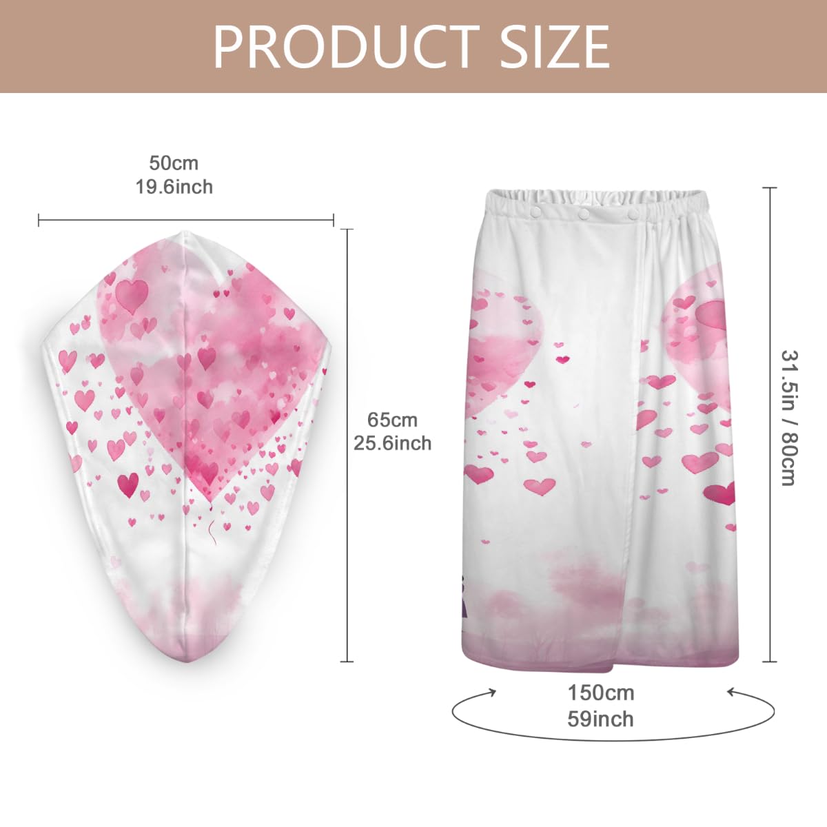 Mikrofaser-Duschtuch für Damen, mit Haar-Handtuch, Aquarell-rosa Herz zum Valentinstag, weiche Körperwickel, Kleid mit Haartrocknungskappe für Strand, Pool, Spa, 2 Sets