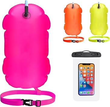 Swimming Buoy Swimming Cart Waterproof Swimming Cushion with Waterproof Mobile Phone Bag Inflatable Swimming Buoy Swim Bubble for Open Water Adult Triathlon Sports Snorkelling