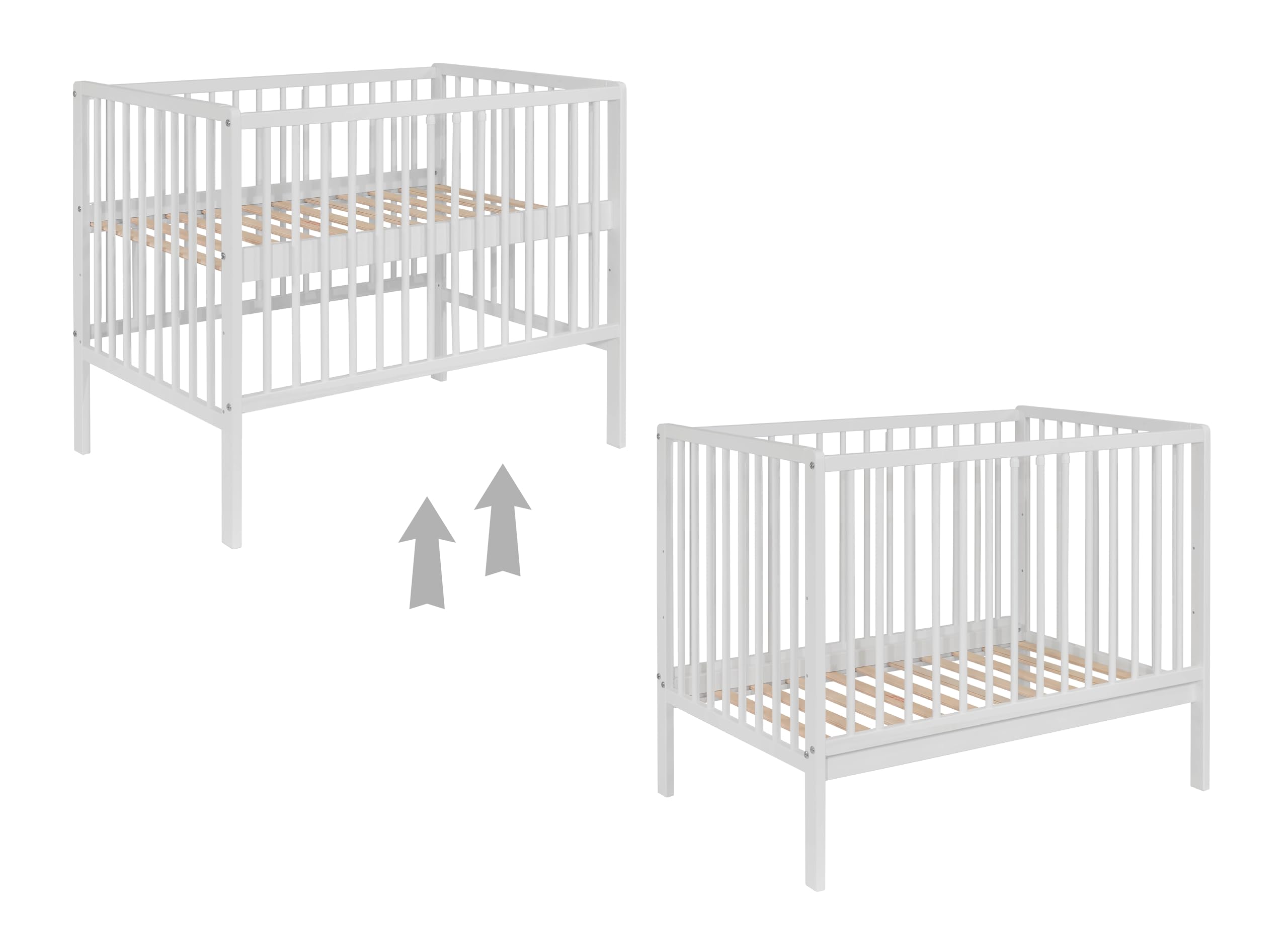 Lit bébé Julia 100x60 cm avec Matelas – Bois Massif hêtre – Sommier réglable 3 Positions – 3 barreaux Amovibles – Conforme en 716 (Blanc)