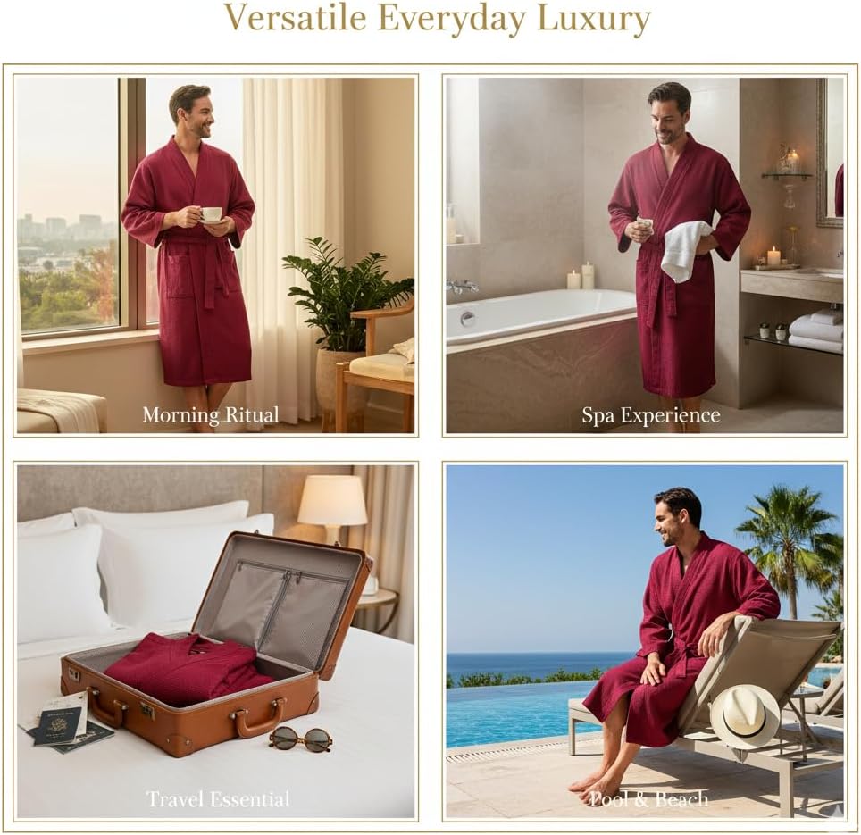 Lotus Linen Men’s Waffle Weave Cotton Bathrobe – Lightweight, Quick Dry Spa Robe, Personalized Robes - Image 5