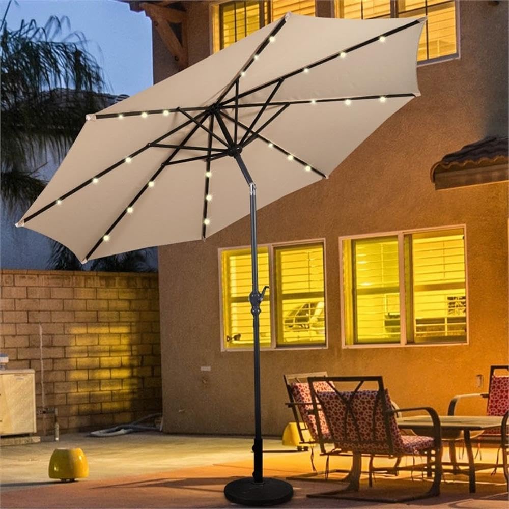 Pemberly Row 10ft Patio Solar Umbrella, Beige, Steel Pole with 24 LED Lights, Tilt and Crank Lift, UV-Resistant 180G Polyester Canopy, Vented Design for Outdoor Shade