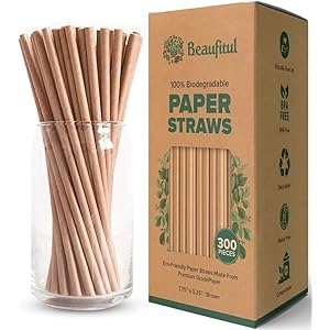 Beaufital 300 Count Biodegradable Brown Paper Straws – Premium Toxin-Free, Eco-Friendly Bulk Pack – Drinking for Restaurants, Juices & Party Supplies – 7.7 Inch Sustainable Straws