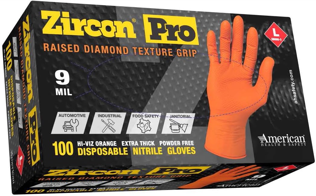 American Health & Safety® Zircon Pro Orange Nitrile Gloves, 9 mil, 1000/Case