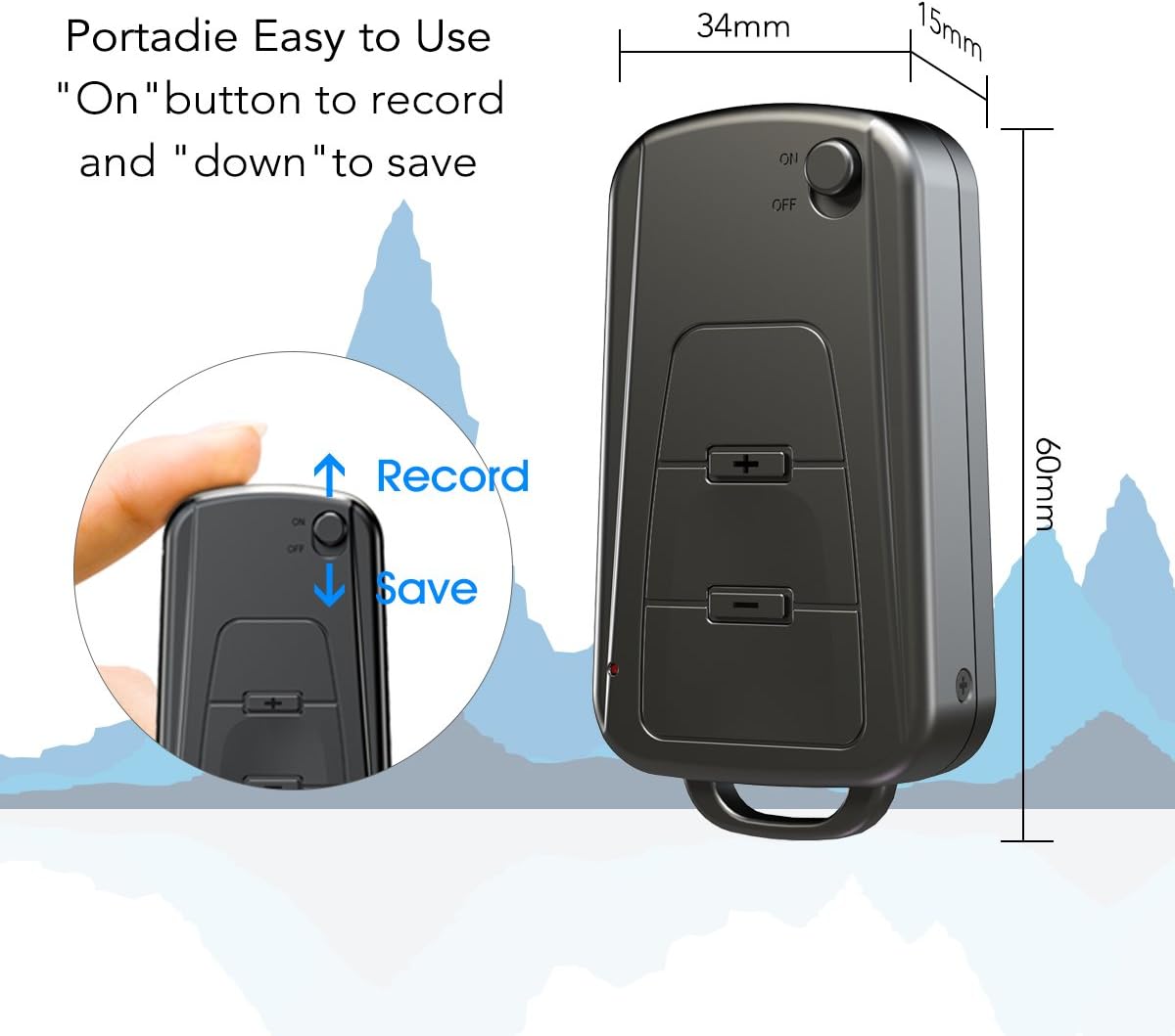 Hlið view of Vandlion V8 recorder showing ON/OFF switch and volume buttons with dimensions