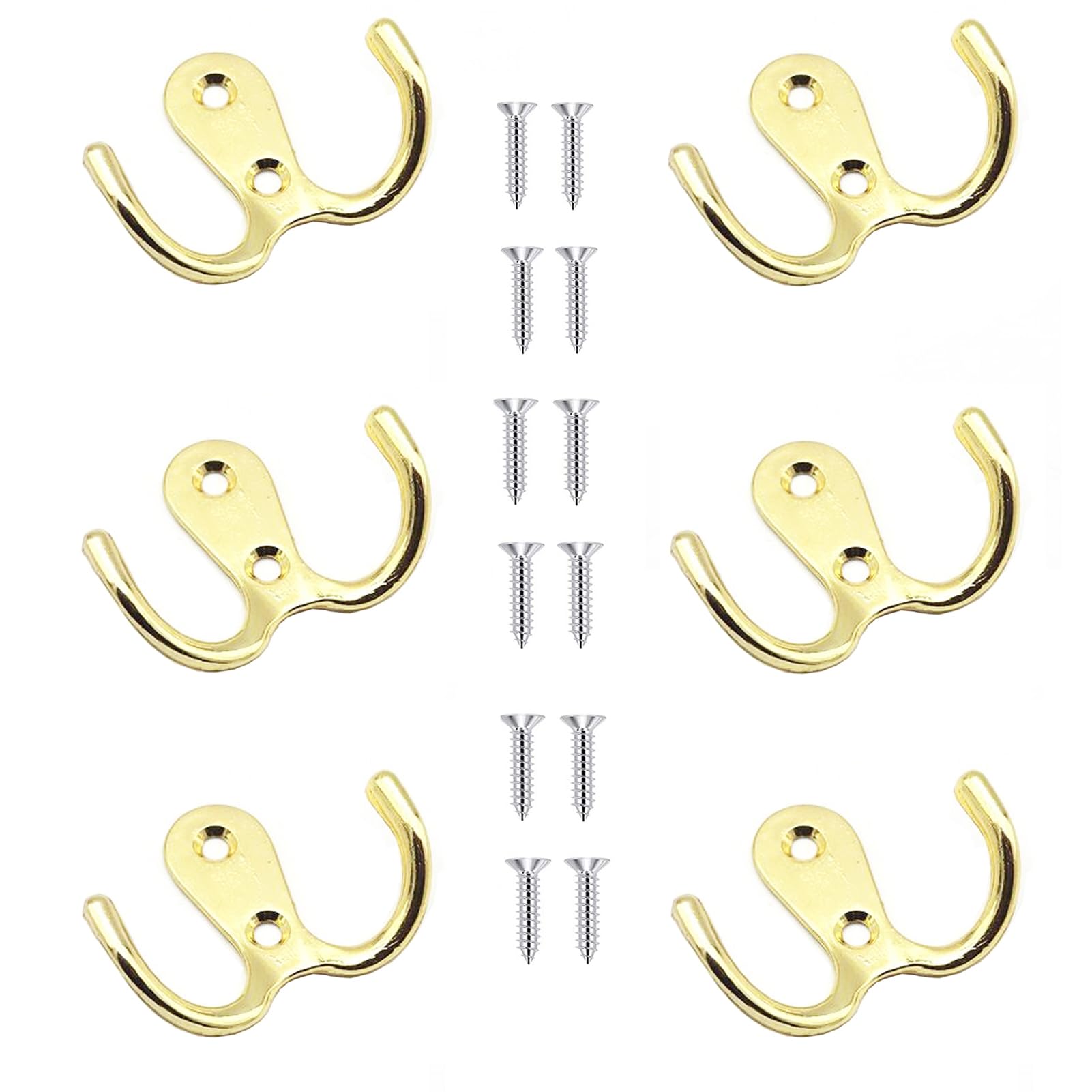 Yesmin Gold 6 Pcs Double Prong Robe Hooks, Dual Coat Hooks Wall Mounted Hanging Clothes For Bathroom Bedroom Door Wall Retro Metal Cloth Hanger Double Coat Hooks With 8 Screws