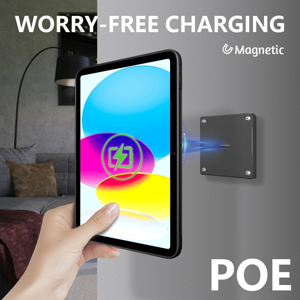 Magnetic PoE Wall Mount Charging Dock for iPad 10th & 11th Generation, in-Wall Flush Tablet Stand with PoE Splitter, Portrait & Landscape Support, Stable Wired Power, Black