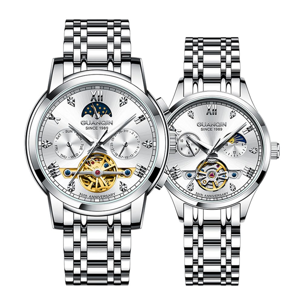 Guanqin Herren Damen Paar Skelett Multifunktional Automatisch Selbstaufzug Mechanische Strass Uhr Saphir Business Doppelseitig Hohl Wasserdicht Mondphase Stahl Armbanduhr