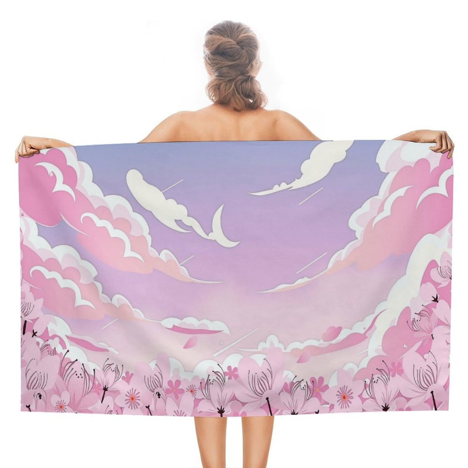 Anceky Cherry Blossom Sky Beach Towel Microfiber Soft Absorbent Oversized Large Bath Towel Blanket Thin Quick Dry for Adults Swimming Pool Yoga Gym Travel 51"X31"