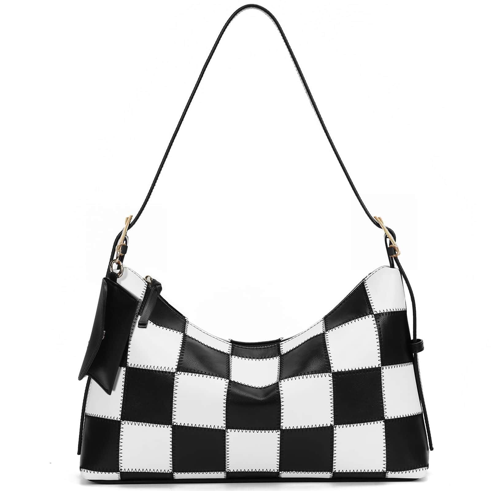 KISSSEA Checkered Shoulder Bag for Women Classic Black and White Hobo Purse Classic Soft Vegan Leather,Adjustable Shoulder Strap,1 Zippered Inner Pocket,Slouchy Underarm Bag,Everyday Use