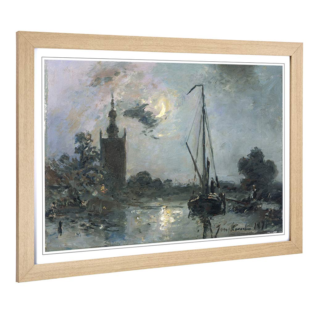 Big Box Art Framed Print of Johan Jongkind Moonshine Design | Wall Art Picture | Home Decor for Kitchen, Living, Dining Room, Bedroom, Hallway, Office, Oak, A2 / 24.5x18 Inch / 62x45cm