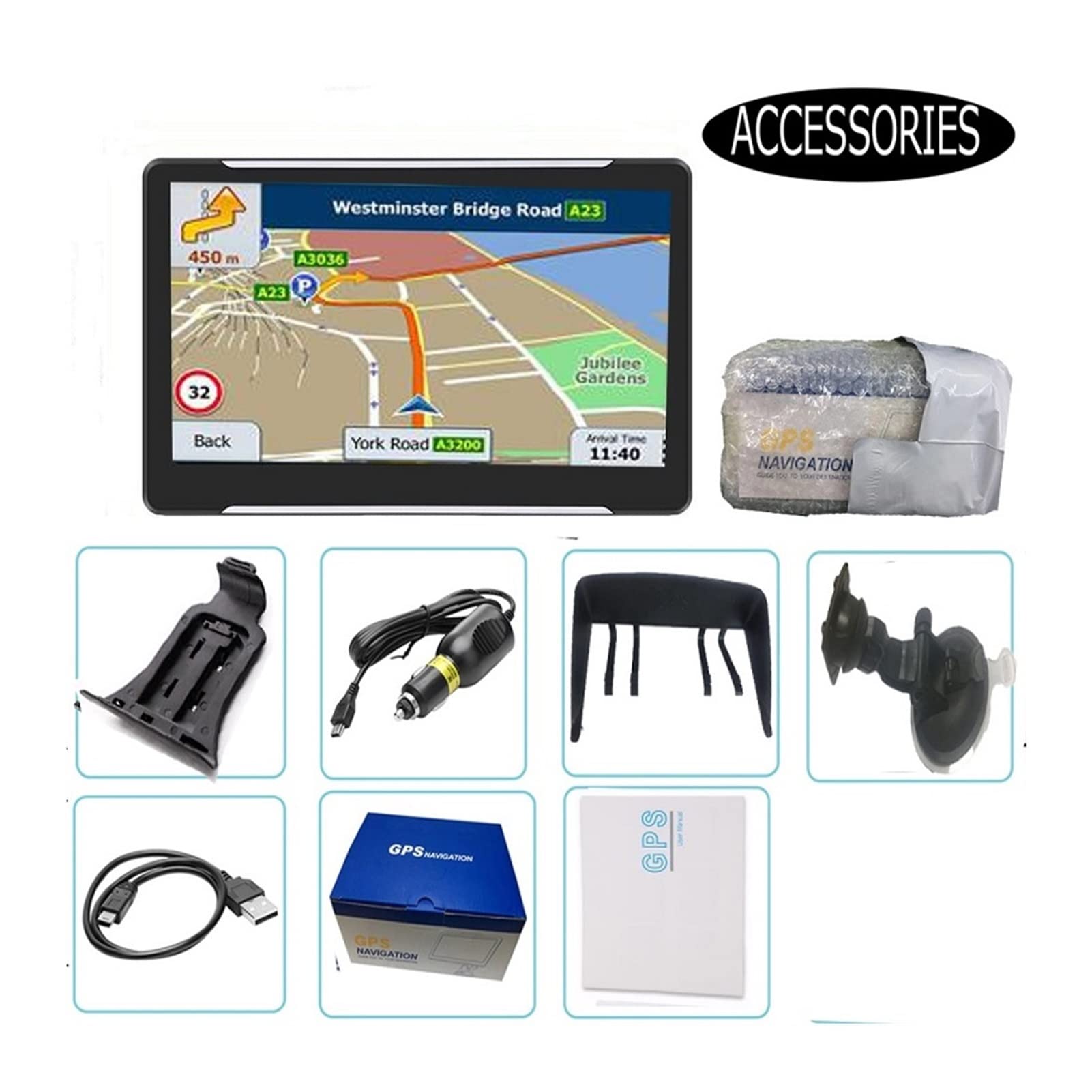 Navigatore GPS per auto, GPS Navigazione for auto 7 pollici Voice Guidance Sat Navigator 256 8G Ultima mappa con ombrellone Per auto, camion e camper