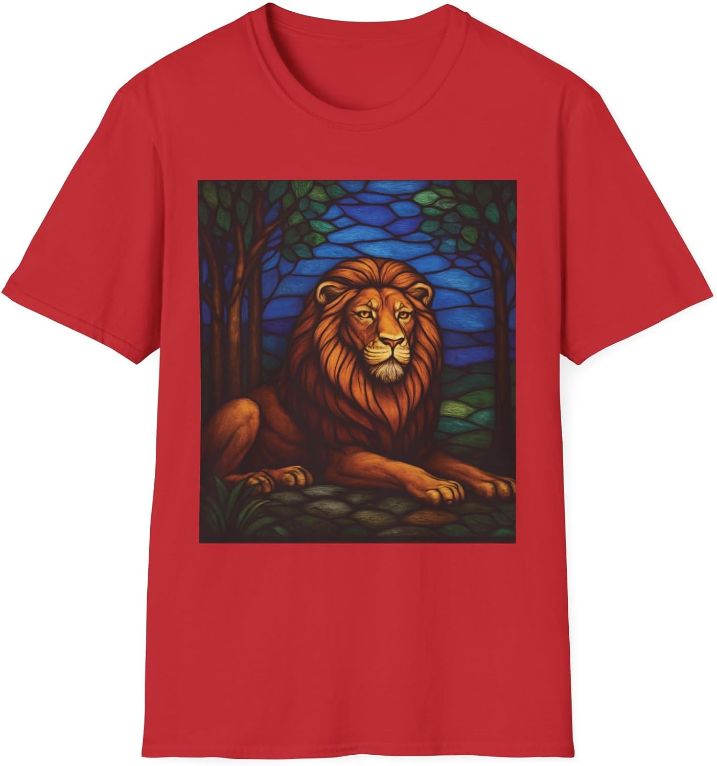 Softstyle Unisex T-Shirt with Artistic Lion Print – Lightweight Cotton Graphic Tee, Stained-Glass Style Nature Design